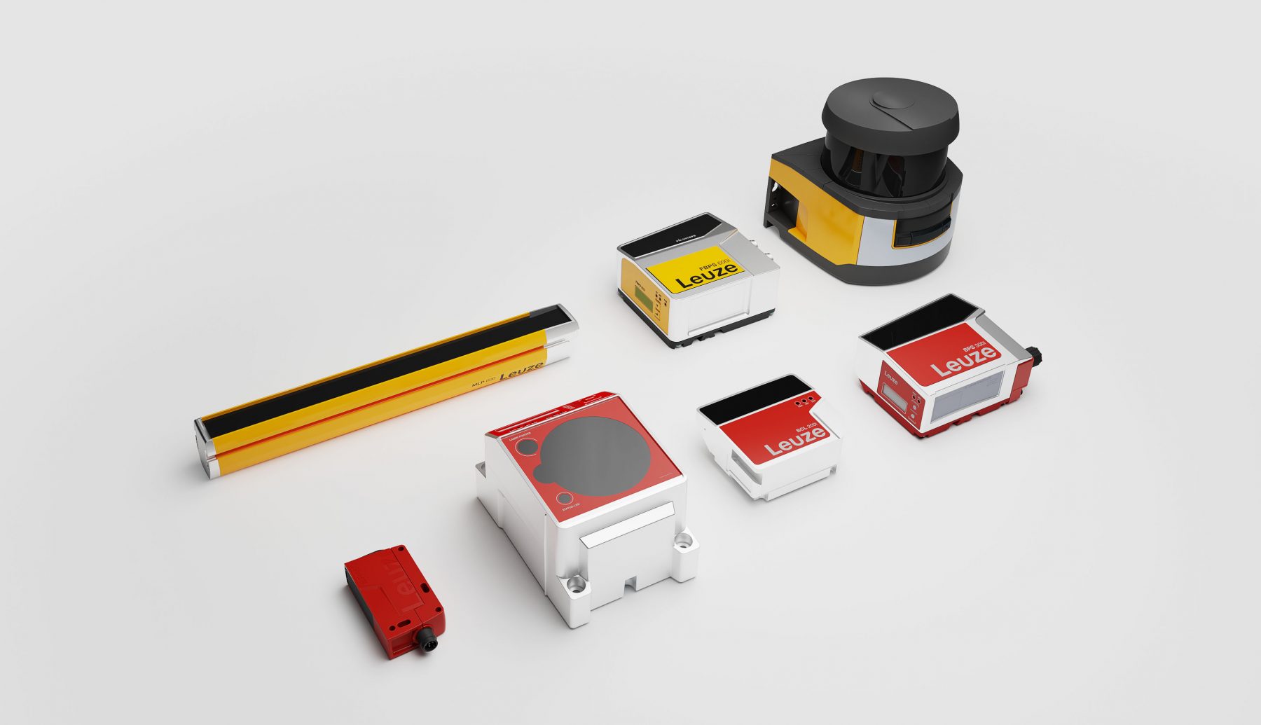 Family overview of seven Leuze products showing the well maintained Corporate Industrial Design over a bread variety of Products and Shapes